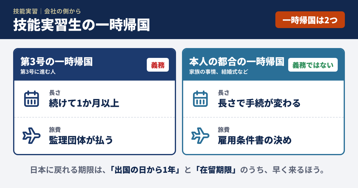 技能実習生の一時帰国は2つ。1つ目は第3号の一時帰国。第3号に進む人の義務で、続けて1か月以上。旅費は監理団体が払う。2つ目は本人の都合の一時帰国。義務ではない。帰っている長さで手続が変わり、旅費は雇用条件書で決めたとおり。どちらも、日本に戻れる期限は、「出国の日から1年」と「在留期限」の2つのうち、早く来るほう。