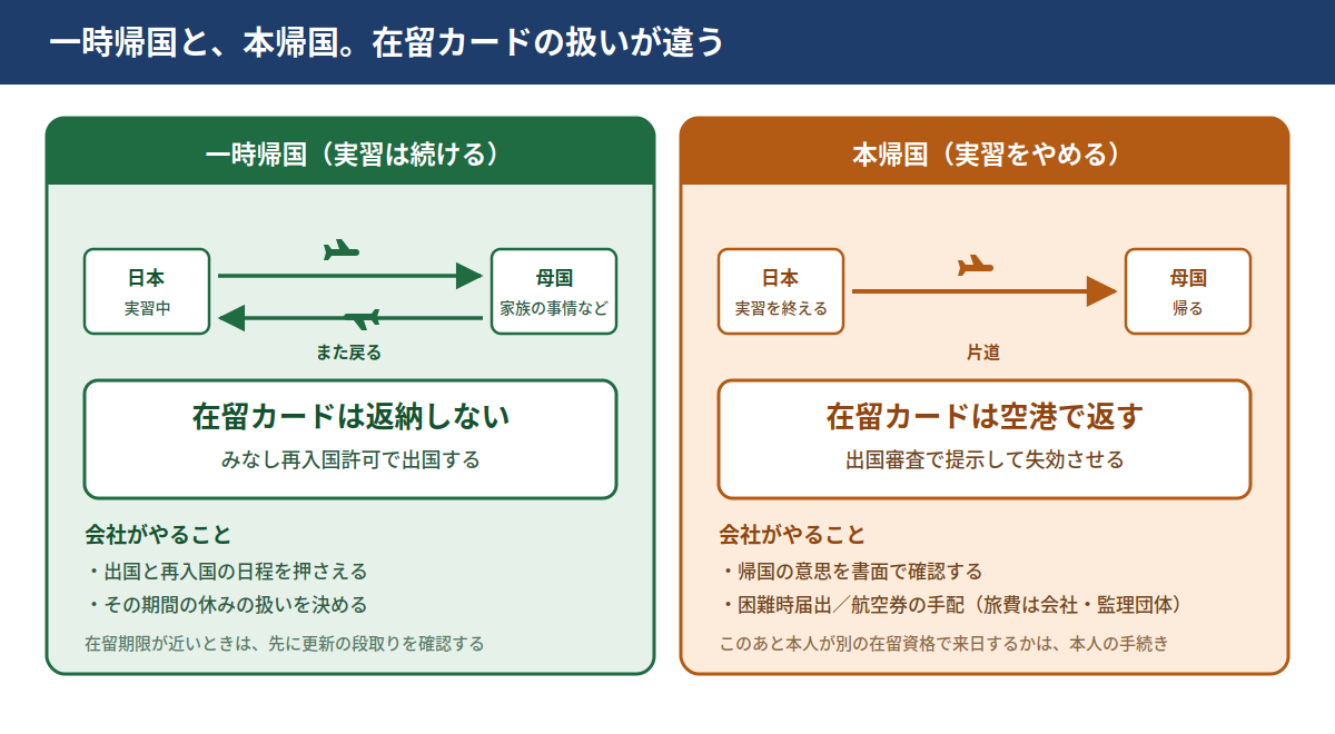 一時帰国（実習は続ける）は、日本から母国へ行ってまた戻る。在留カードは返納せず、みなし再入国許可で出国する。会社は出国と再入国の日程を押さえ、その期間の休みの扱いを決める。本帰国（実習をやめる）は片道。在留カードは空港の出国審査で提示して失効させる。会社は帰国の意思を書面で確認し、困難時届出と航空券の手配をする（旅費は会社・監理団体の負担）。